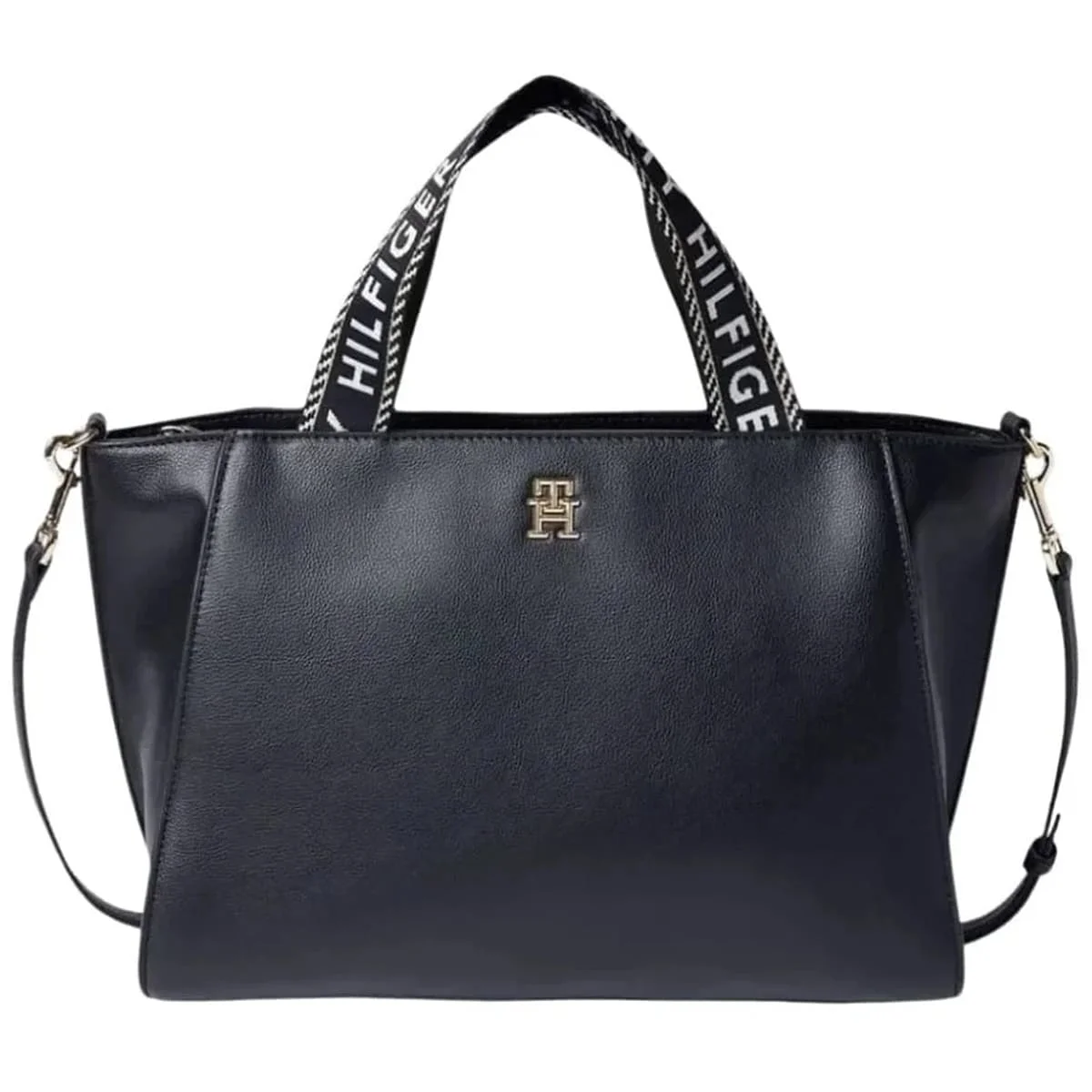 Tommy Hilfiger Black Leather Women’s Tote Bag with Logo Webbing Handles