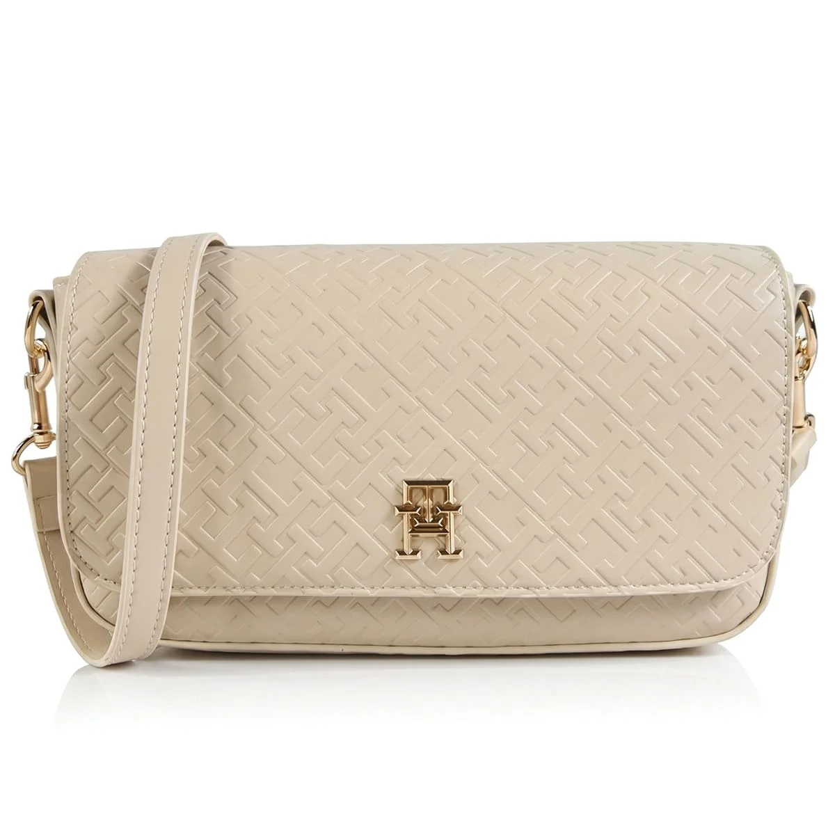 Tommy Hilfiger Beige Monogram Embossed Women’s Crossbody Bag with Gold Hardware