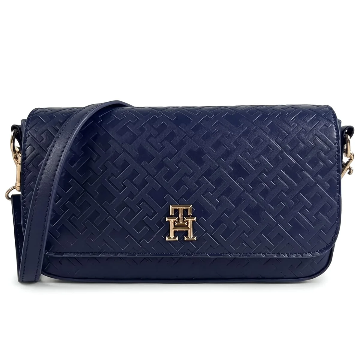 Tommy Hilfiger Navy Blue Monogram Embossed Women’s Crossbody Bag with Gold Hardware