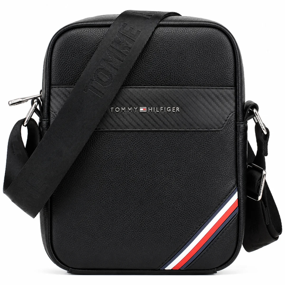 Black Leather Tommy Hilfiger Crossbody Messenger Bag For Men