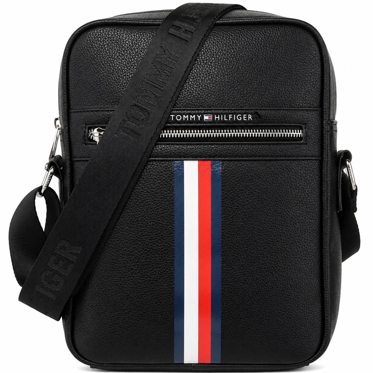 Black Leather Tommy Hilfiger Flag Crossbody Messenger Mens Bag