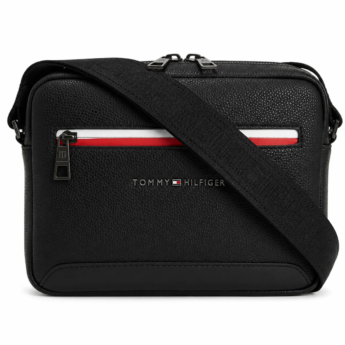 Tommy Hilfiger Men’s Black Pebbled Dual-Zip Reporter Bag