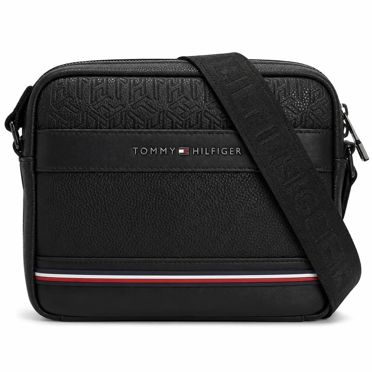 Tommy Hilfiger Men’s Black Pebbled Monogram Reporter Bag