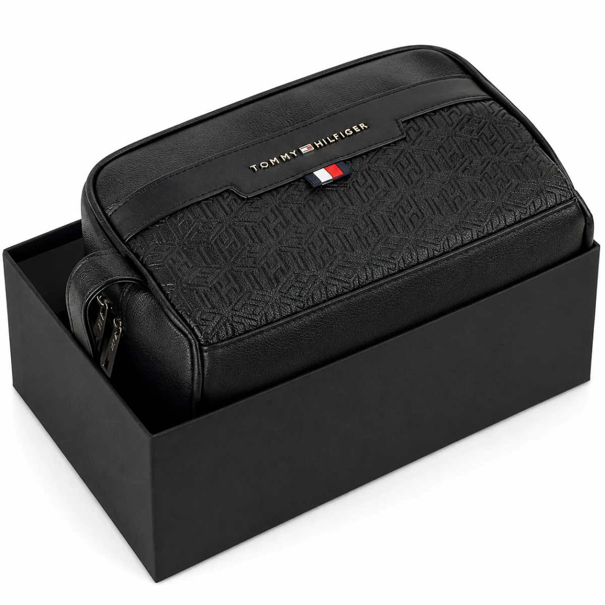Tommy Hilfiger Black Leather Mens Clutch Bag Gift Box Patterned Logo