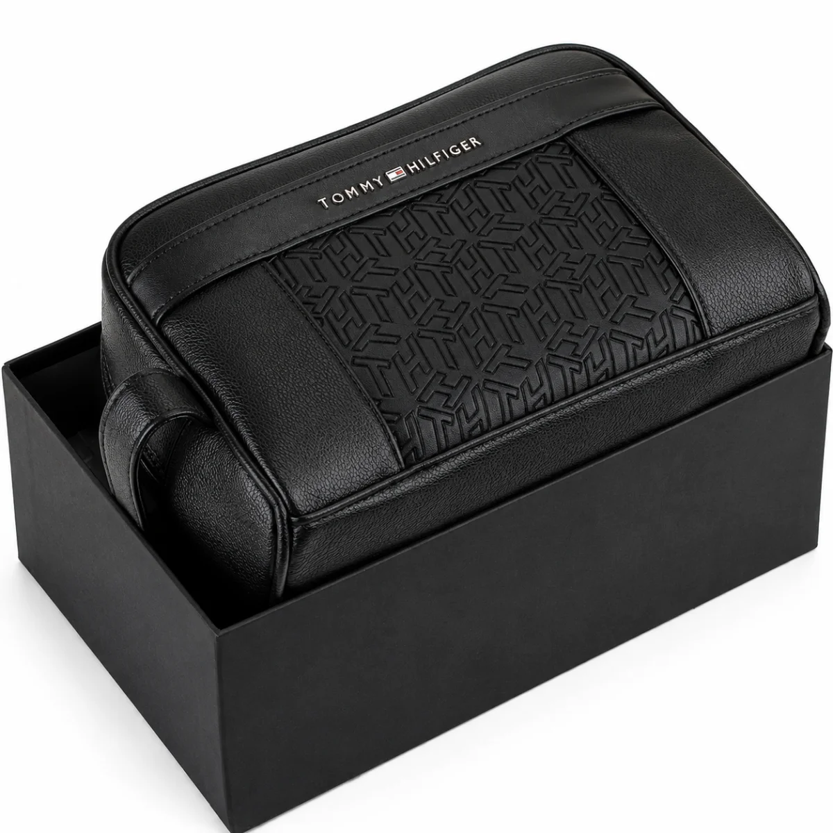 Tommy Hilfiger Leather Mens Clutch Black Bag Gift Box Patterned Logo