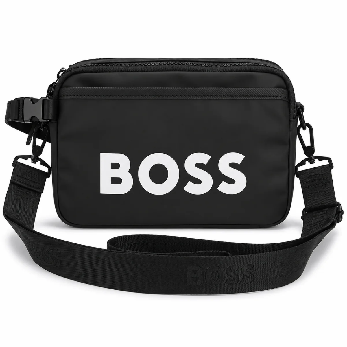 BOSS Black Compact Multi-Zip Crossbody Bag with Text-Detailed Strap