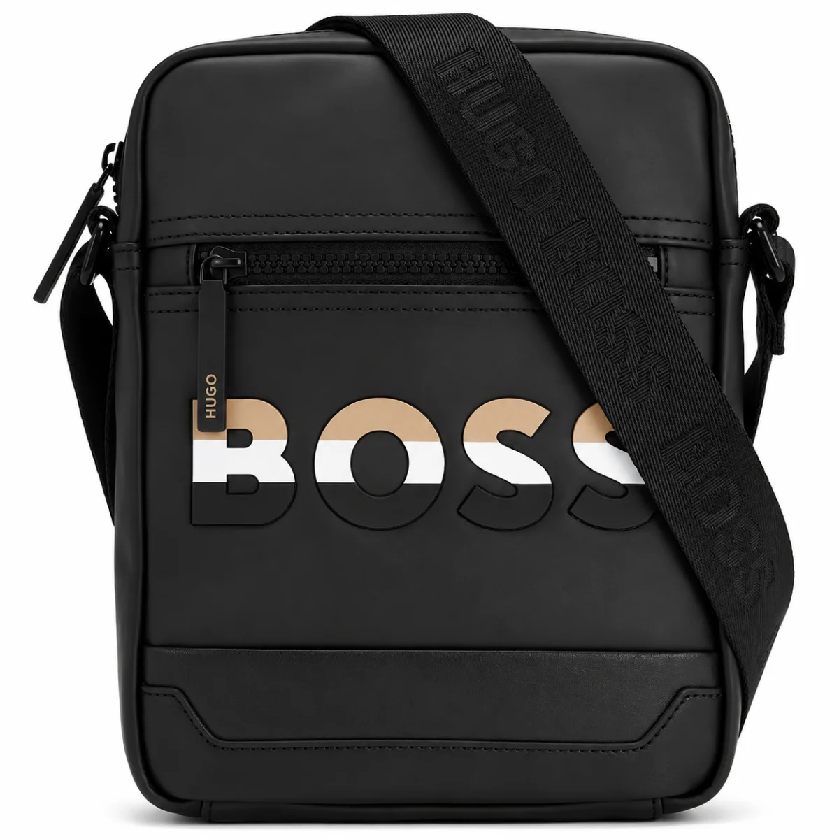 Hugo Boss Men's Black Crossbody Bag with Tricolor Logo and Bottom Panel