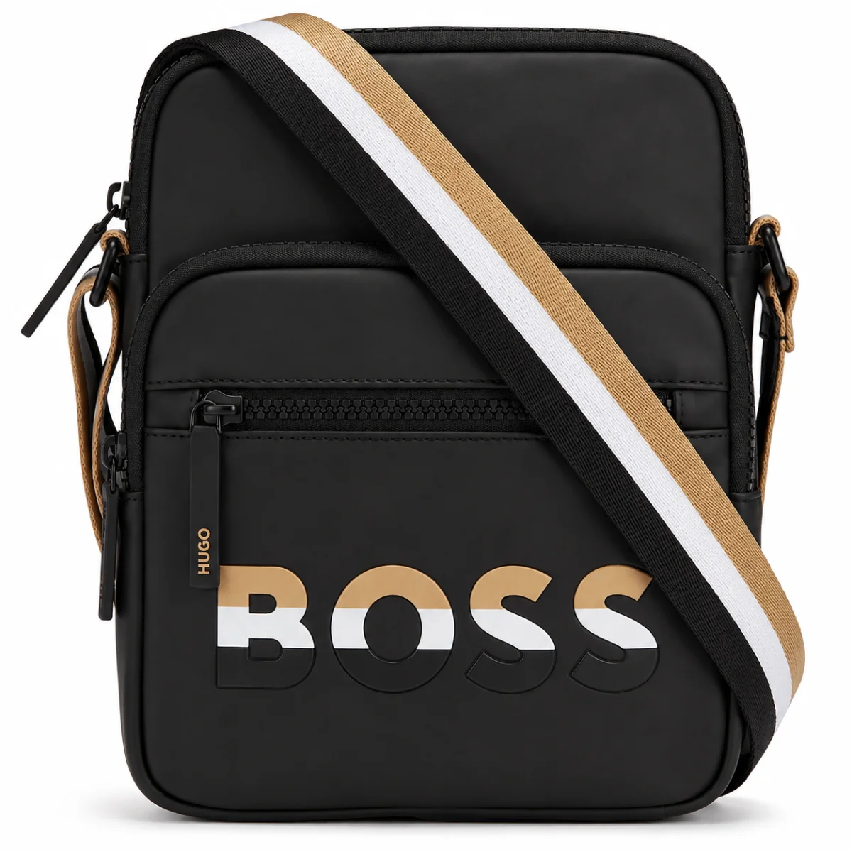Hugo Boss Men's Black Crossbody Bag with Striped Signature Strap
