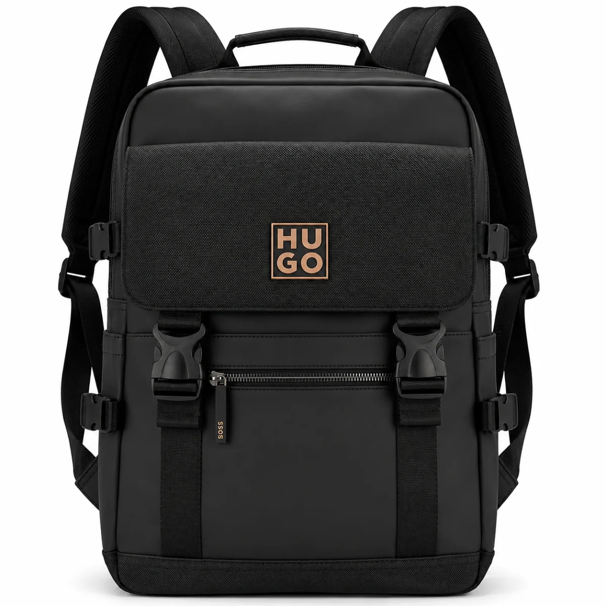 HUGO Men’s Black Matte Technical Backpack with Brown Logo