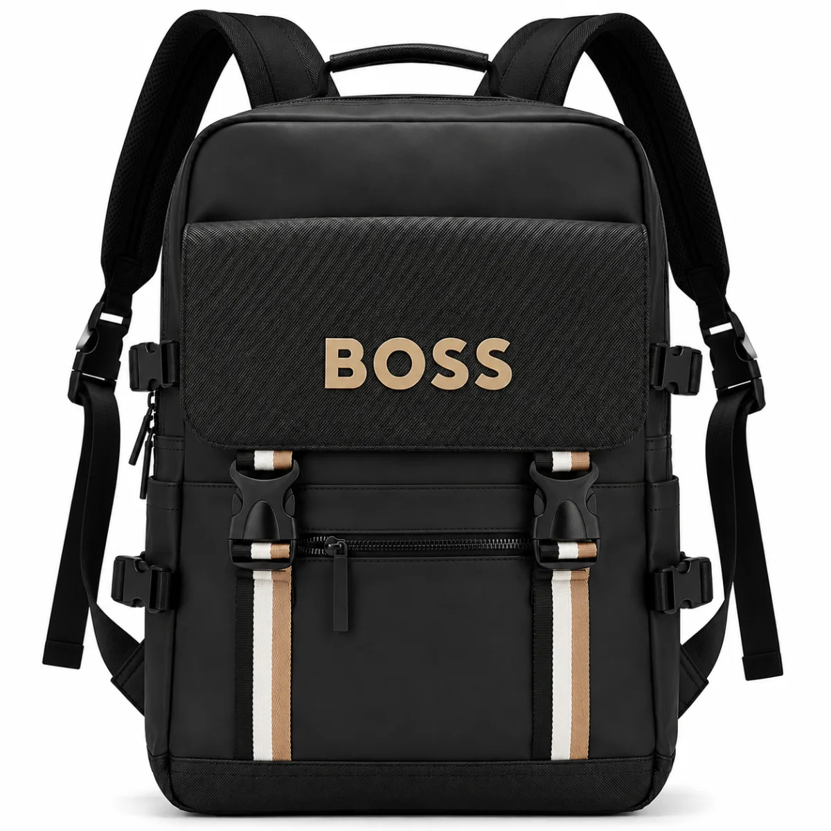 BOSS Men’s Matte Black Technical Backpack with Tricolor Stripes