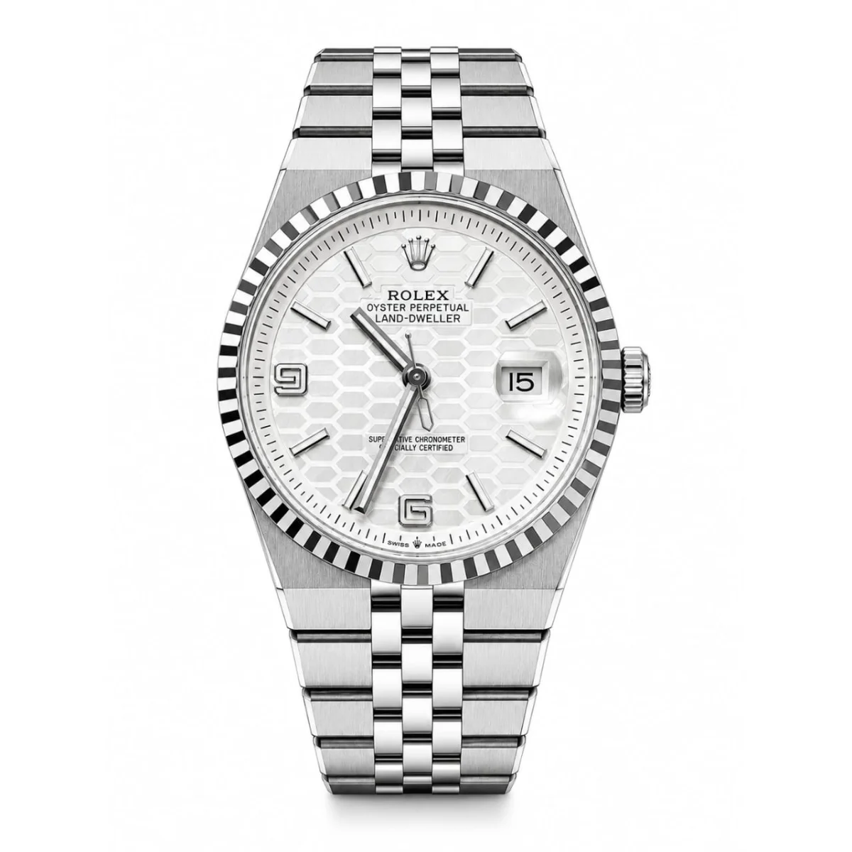 Rolex Men’s Land-Dweller Silver White Honeycomb Dial WatchRO001