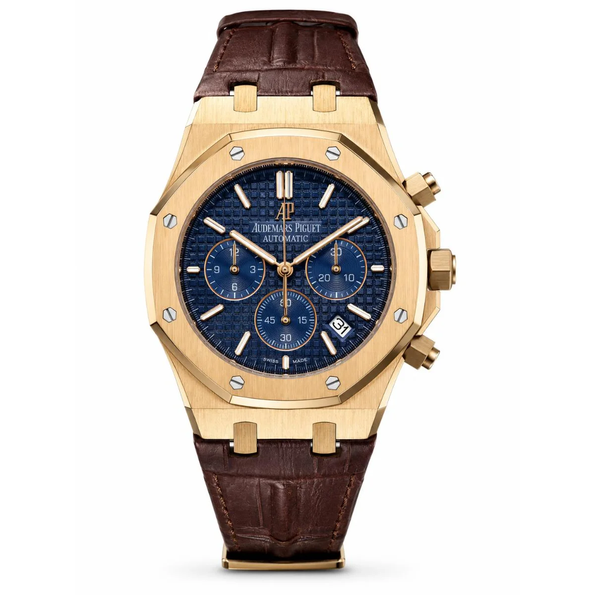 Audemars Piguet Royal Oak Chronograph Automatic 18K Gold Blue Dial Brown Leather Strap Watch