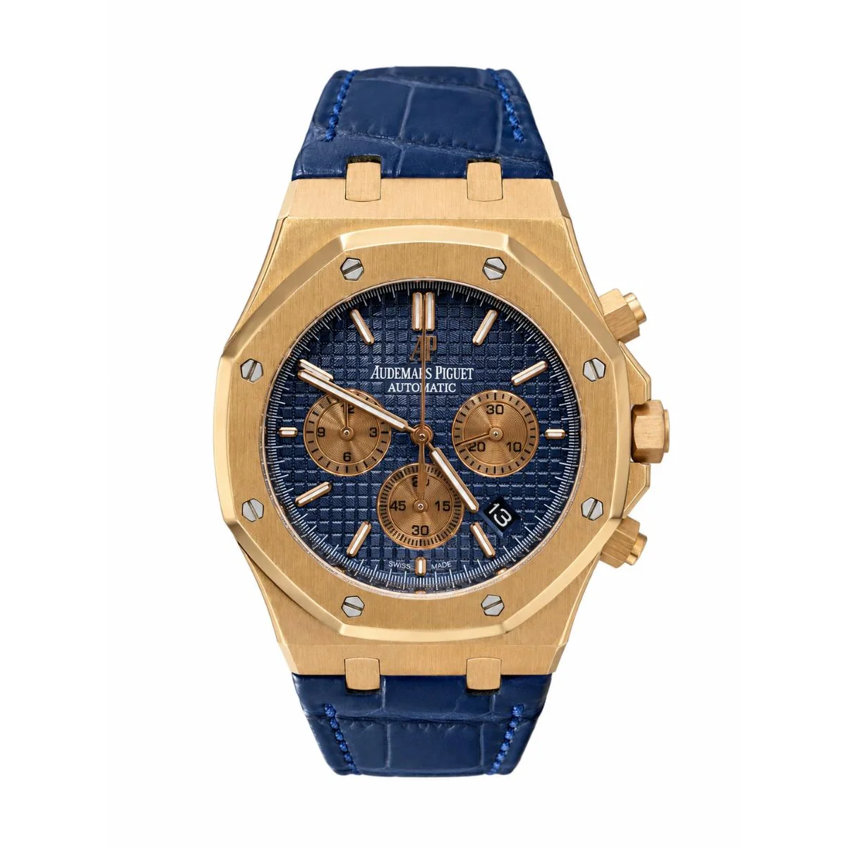 Audemars Piguet Royal Oak Chronograph Automatic Gold Blue Dial Blue Leather Strap Watch