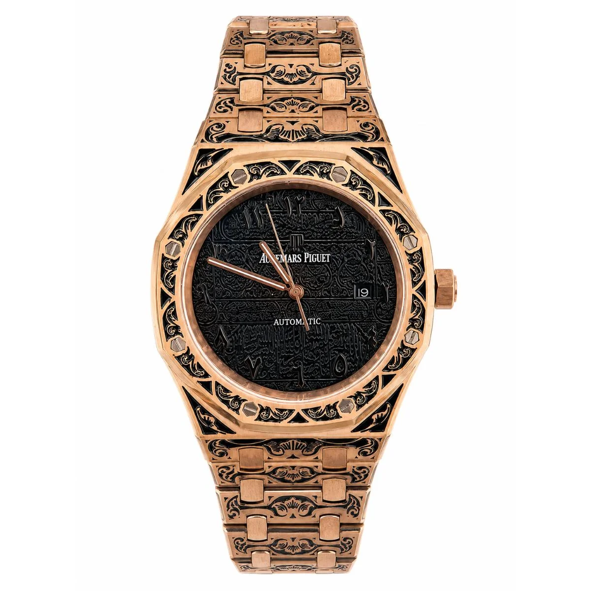 Audemars Piguet Royal Oak Automatic Rose Gold Black Arabic Dial Engraved Watch