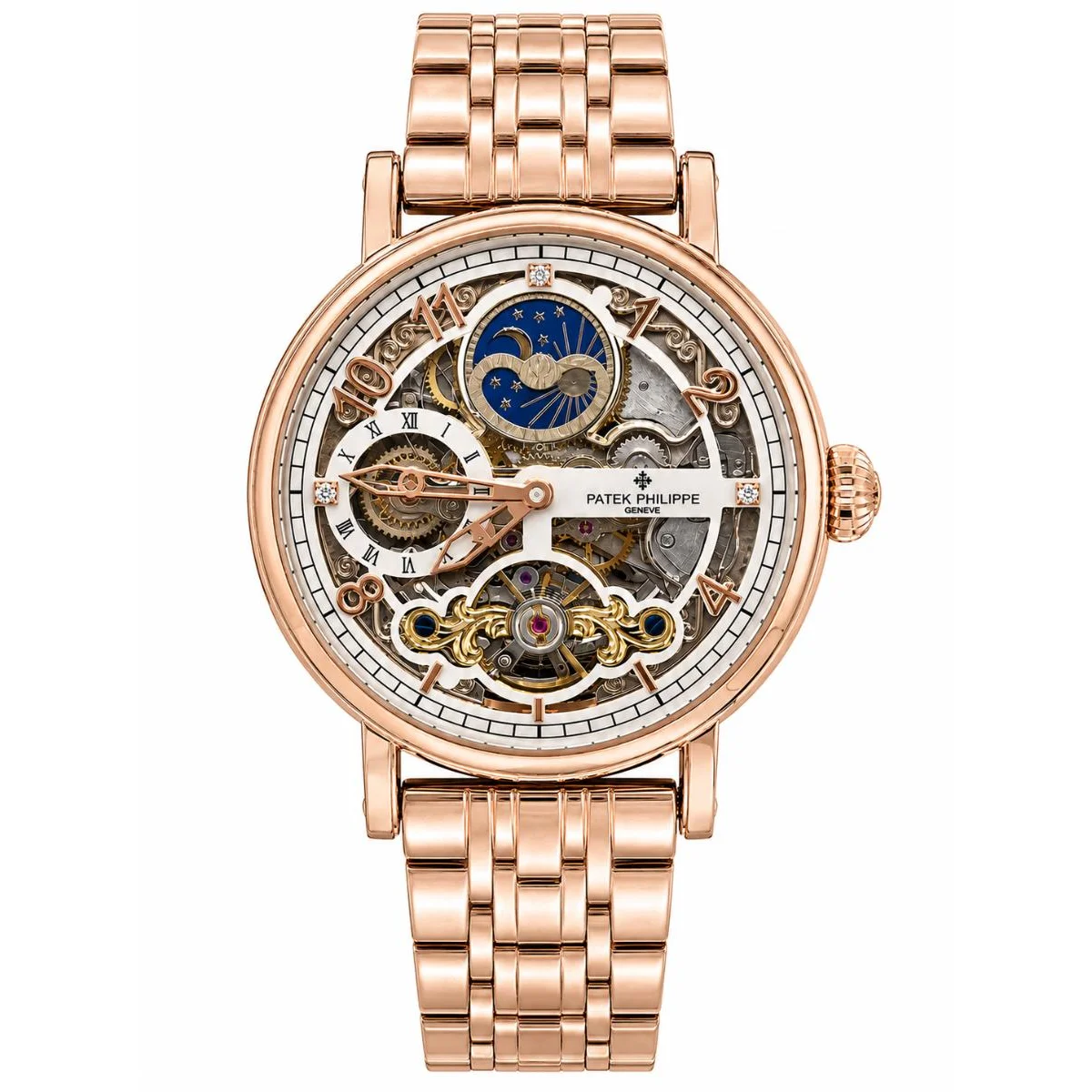 Patek Philip Rose Gold Skeleton Automatic Watch with Blue Moon Phase Dial