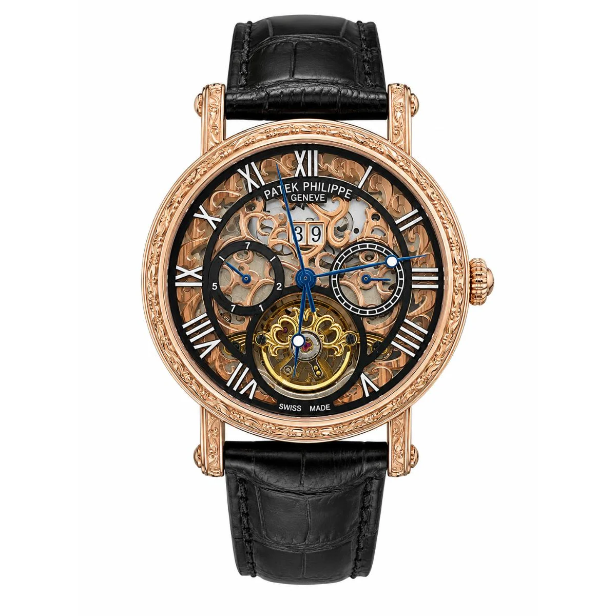 Patek Philippe Men’s Rose Gold Watch with Black Leather Strap
