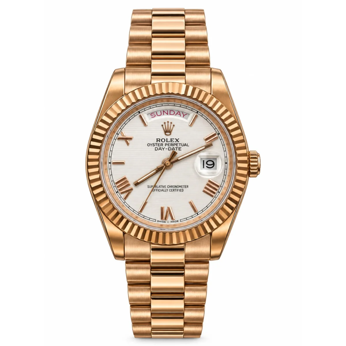 Rolex Day-Date Automatic 18K Rose Gold White Dial Fluted Bezel Watch