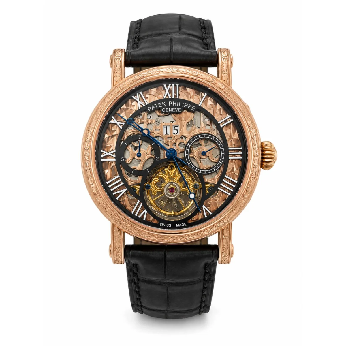 Men's Rose Gold Skeleton Automatic Watch with Black Leather Strap