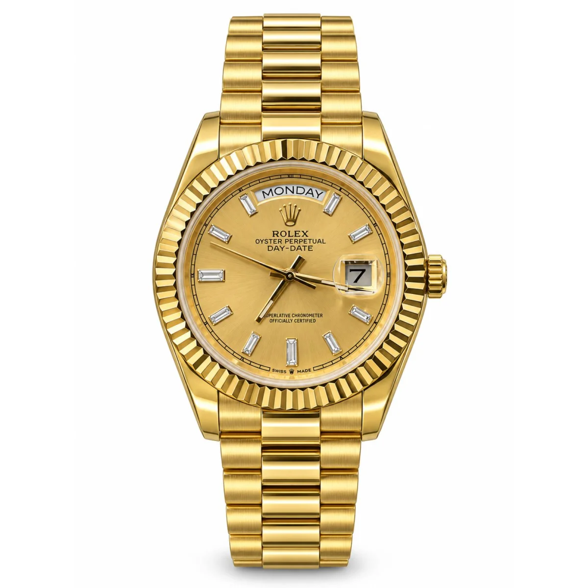 Rolex Day-Date Automatic 18K Gold Fluted Bezel Champagne Dial Diamond Marker Watch