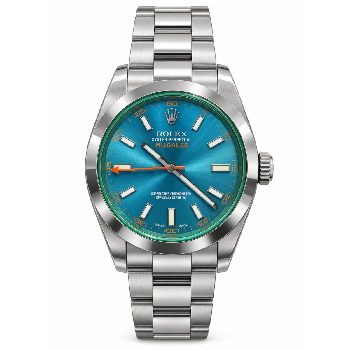 Rolex Milgauss Automatic Stainless Steel Blue Dial Green Crystal Watch