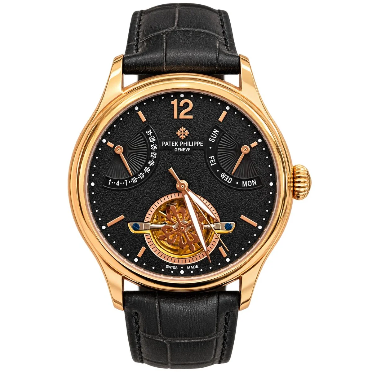 Men's Luxury Black Dial Tourbillon Watch Rose Gold