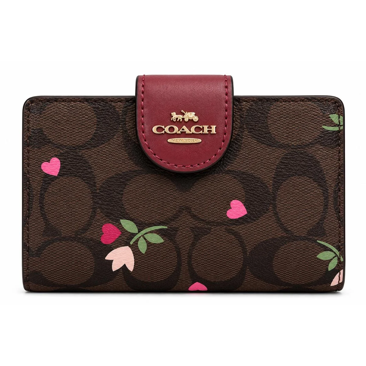 COACH Women’s Signature Canvas Floral Heart Bifold Wallet C7653 Burgundy