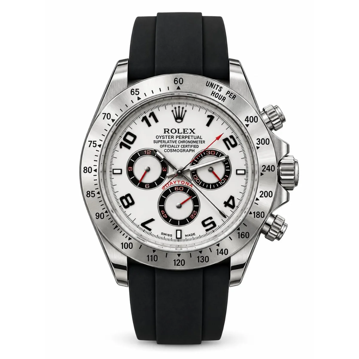 Rolex Cosmograph Daytona Automatic Stainless Steel White Dial Black Rubber Strap Chronograph Watch