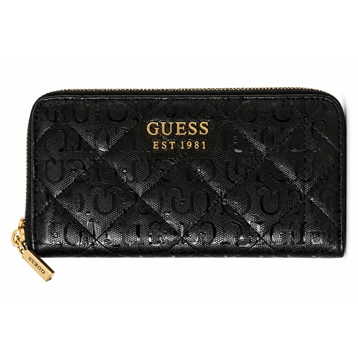 GUESS Black Quilted Monogram Zip-Around Wallet for Women