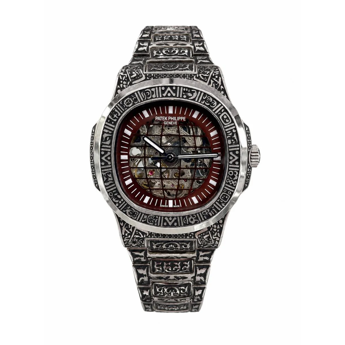Patek Philippe Skeleton Automatic Engraved Silver-Tone Luxury Watch