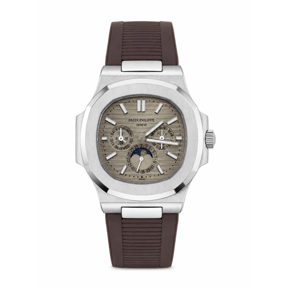 Patek Philippe Nautilus Perpetual Calendar Silver-Tone Watch with Brown Rubber Strap