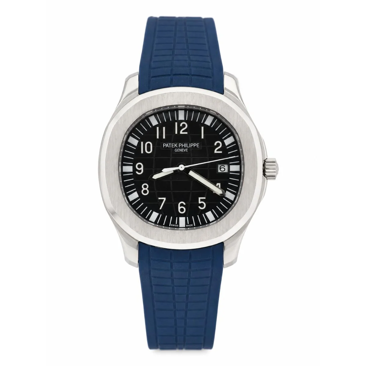 Patek Philippe Aquanaut Automatic Silver-Tone Black Dial Watch with Blue Rubber Strap