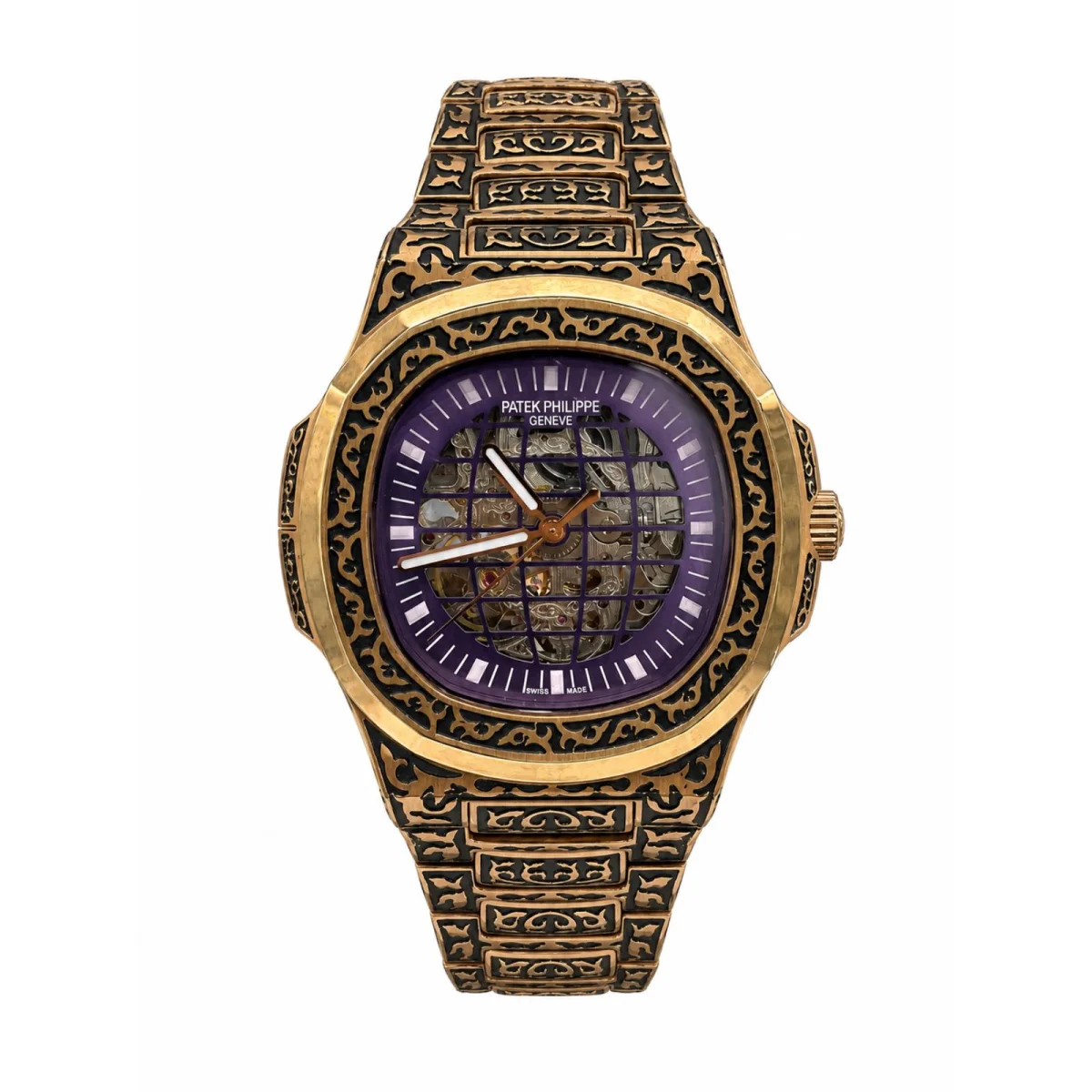 Patek Philippe Skeleton Automatic Gold-Tone Engraved Purple Dial Watch