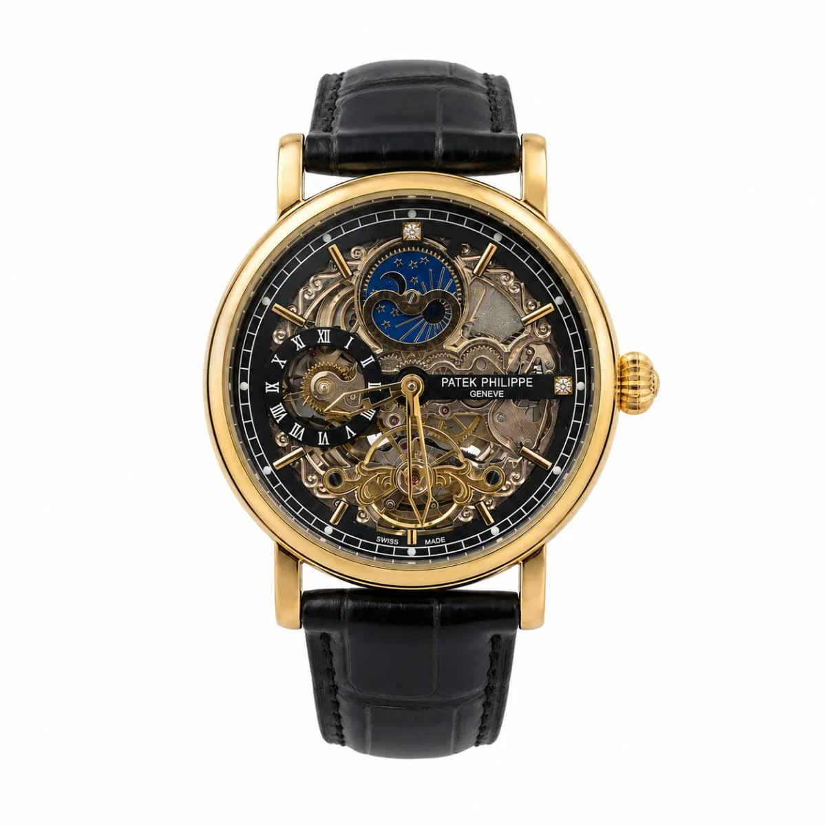 Patek Philippe Grand Complications Skeleton Tourbillon Gold-Tone Moonphase Watch with Black Leather Strap