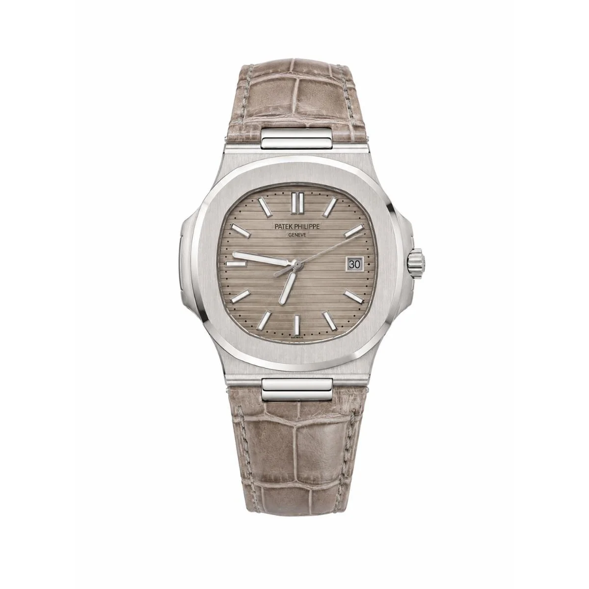 Patek Philippe Nautilus Automatic Silver-Tone Beige Dial Watch with Beige Leather Strap