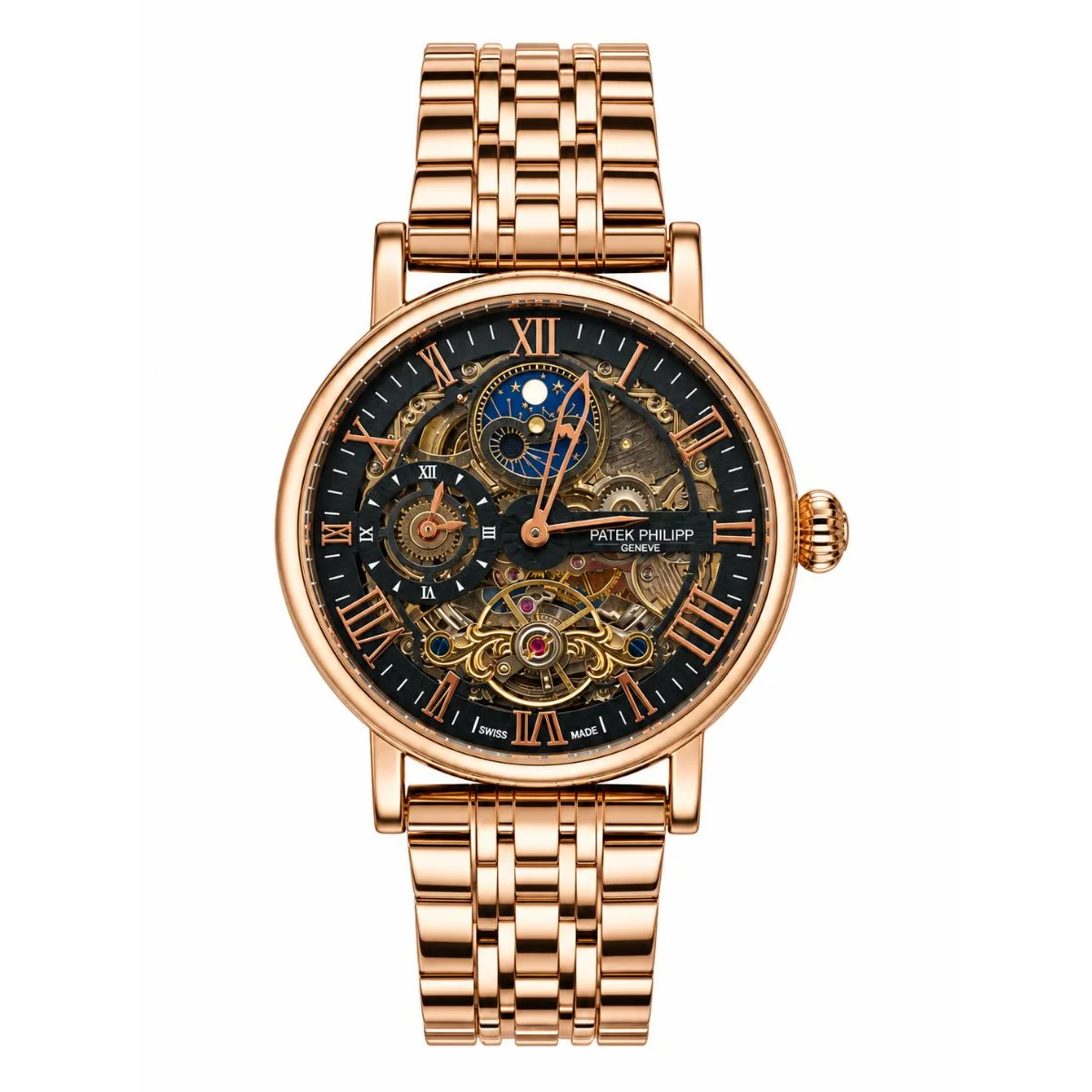 Patek Philippe Skeleton Automatic Rose Gold Watch with Moonphase & Tourbillon Design