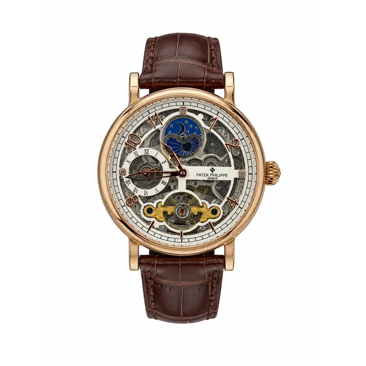 Patek Philippe Skeleton Automatic Rose Gold Watch with Moonphase & Brown Leather Strap