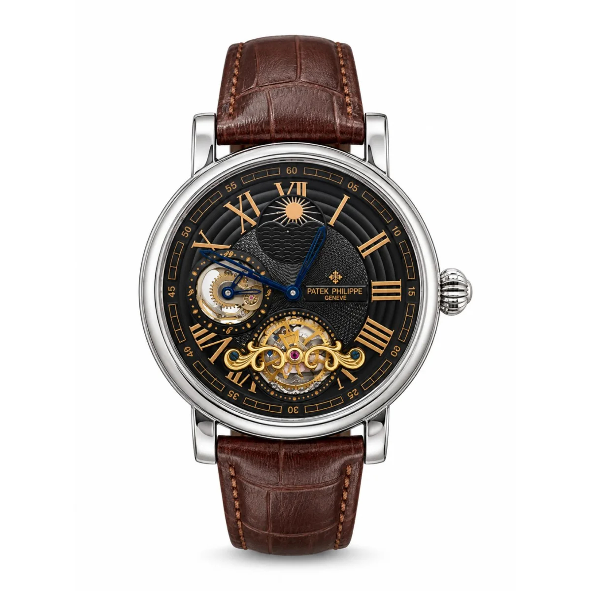 Patek Philippe Skeleton Tourbillon Black Dial Brown Leather Strap Watch