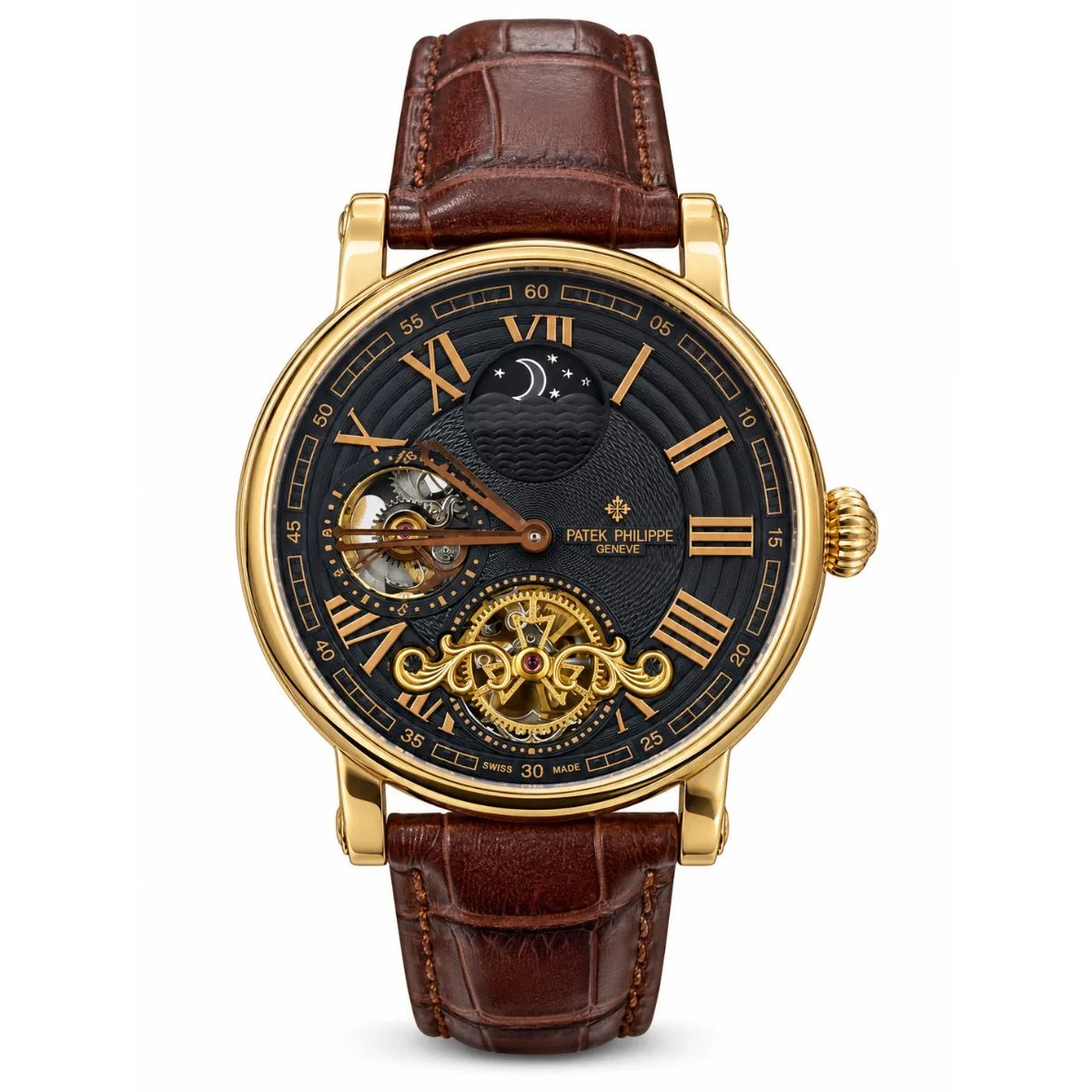 Patek Philippe Gold Tourbillon Moonphase Black Dial Brown Leather Strap Watch