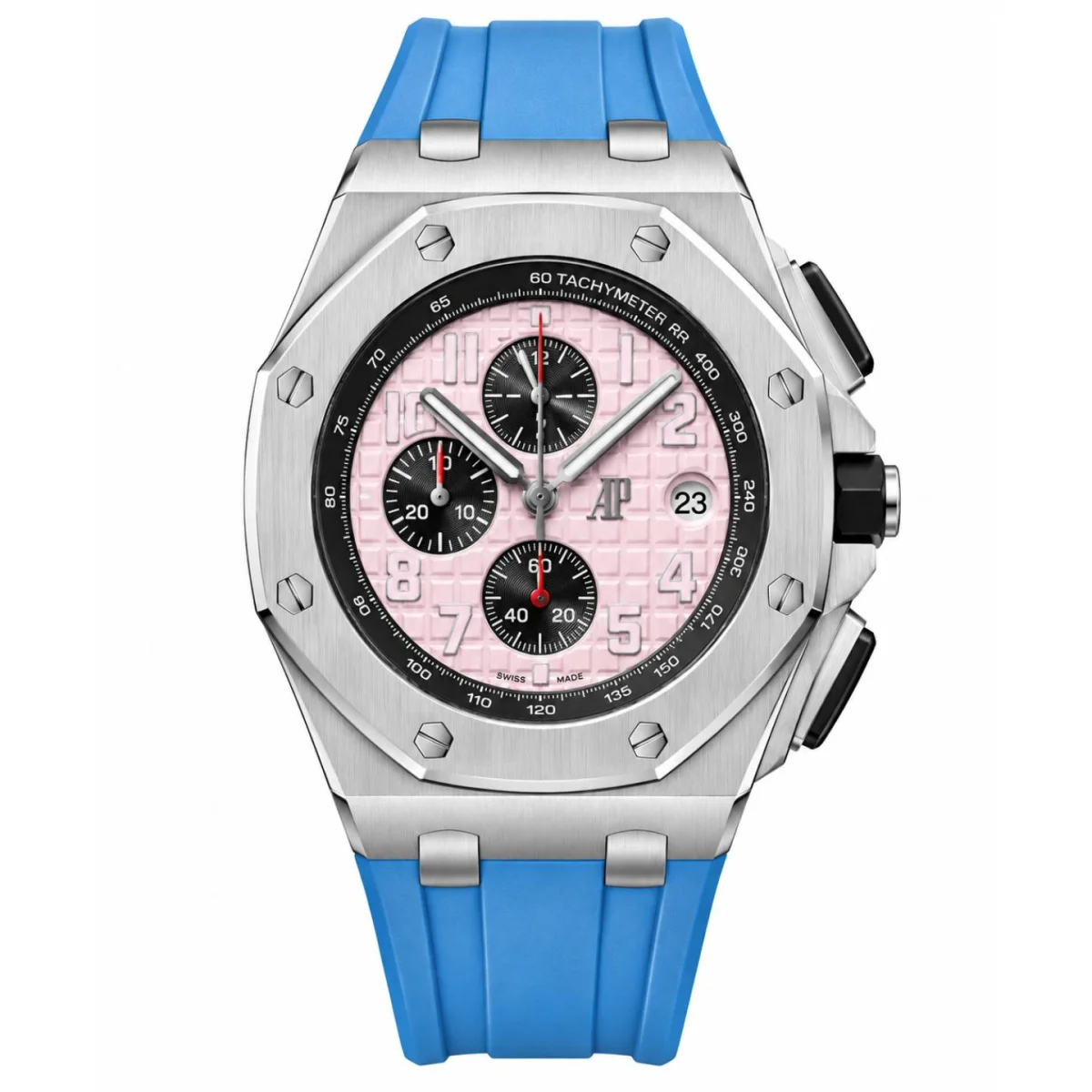 Luxury Chronograph Watch with Pink Dial & Blue Rubber Strap