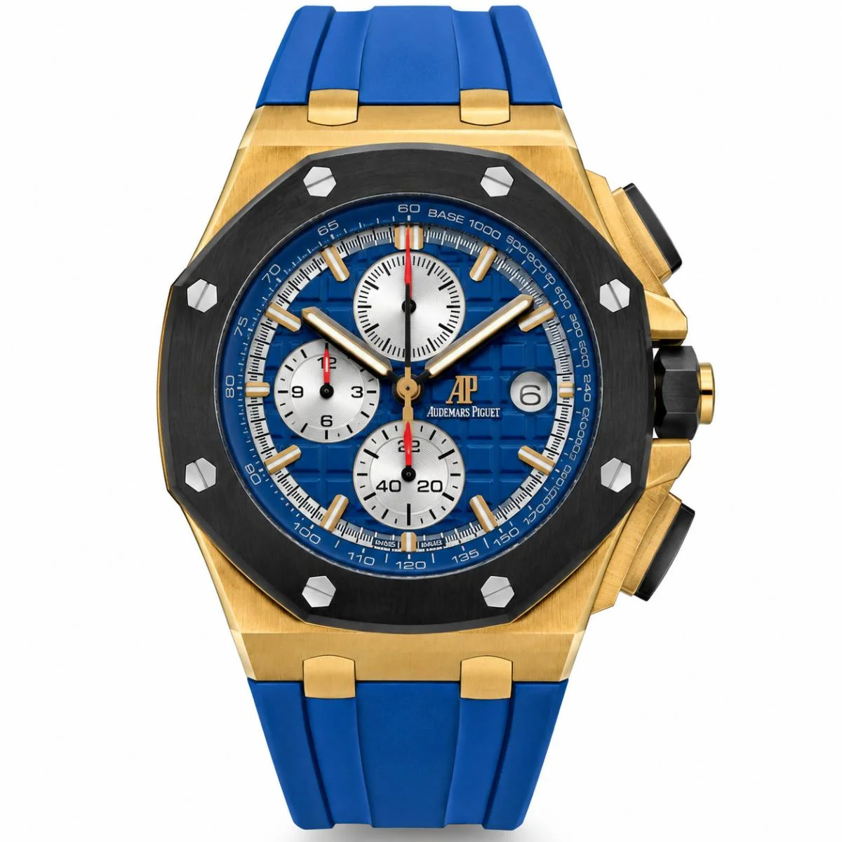 Luxury Gold Chronograph Watch with Blue Dial & Blue Rubber Strap