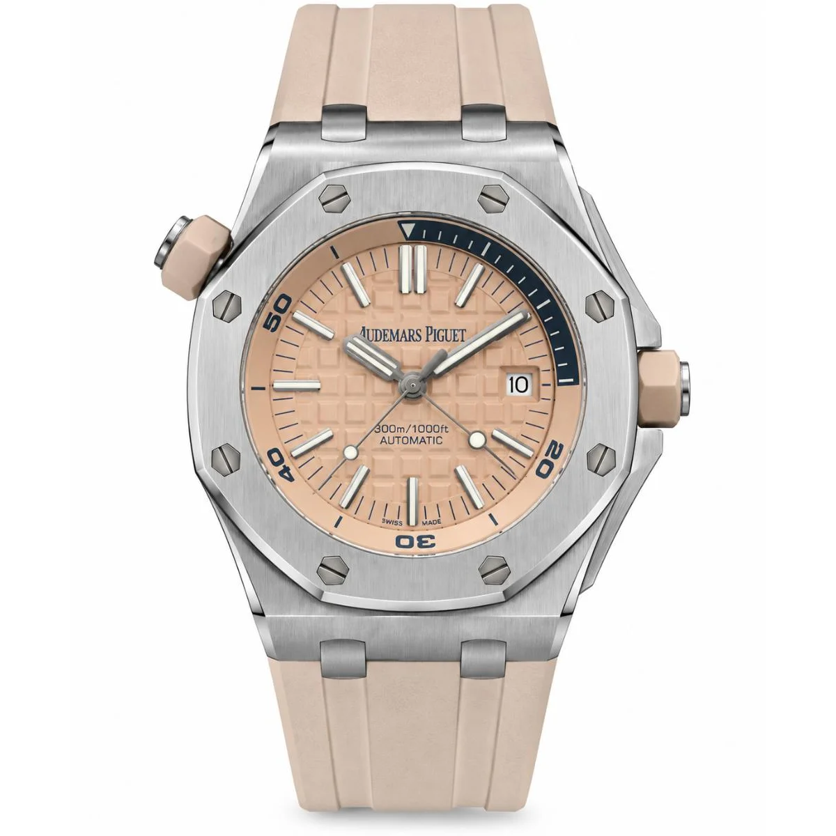 Luxury Automatic Dive Watch with Beige Dial & Rubber Strap