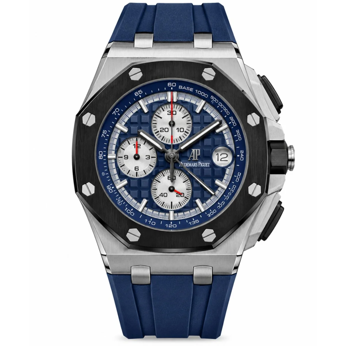 Luxury Chronograph Watch with Blue Dial, Black Bezel & Navy Rubber Strap