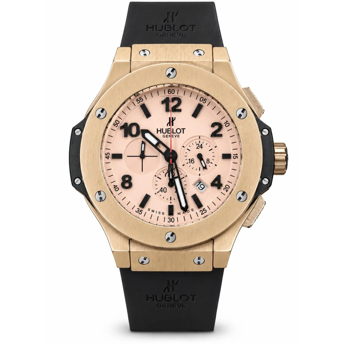 Hublot Big Bang Chronograph Rose Gold Pink Dial Black Rubber Strap Watch