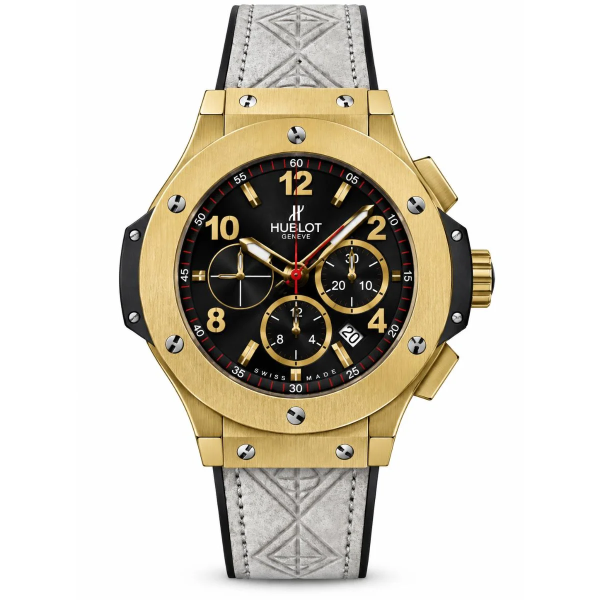 Hublot Big Bang Chronograph Gold Black Dial White Strap Watch