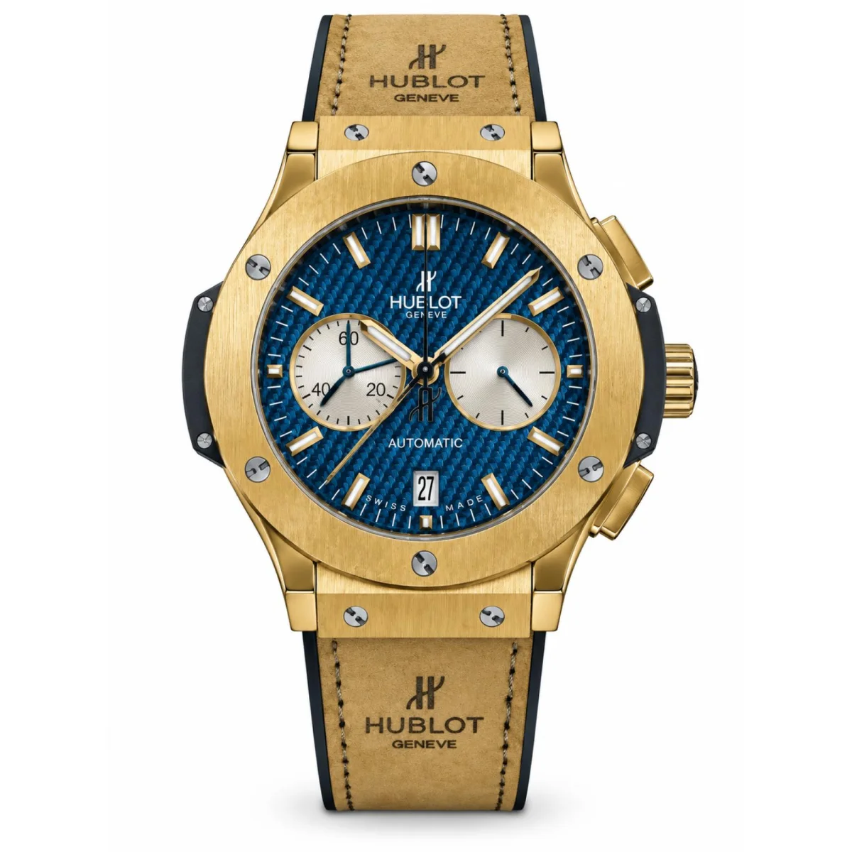 Hublot Classic Fusion Automatic Chronograph Gold Blue Dial Beige Strap Watch
