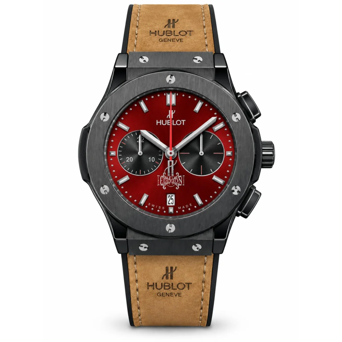 Hublot Classic Fusion Chronograph Black Case Red Dial Beige Strap Watch