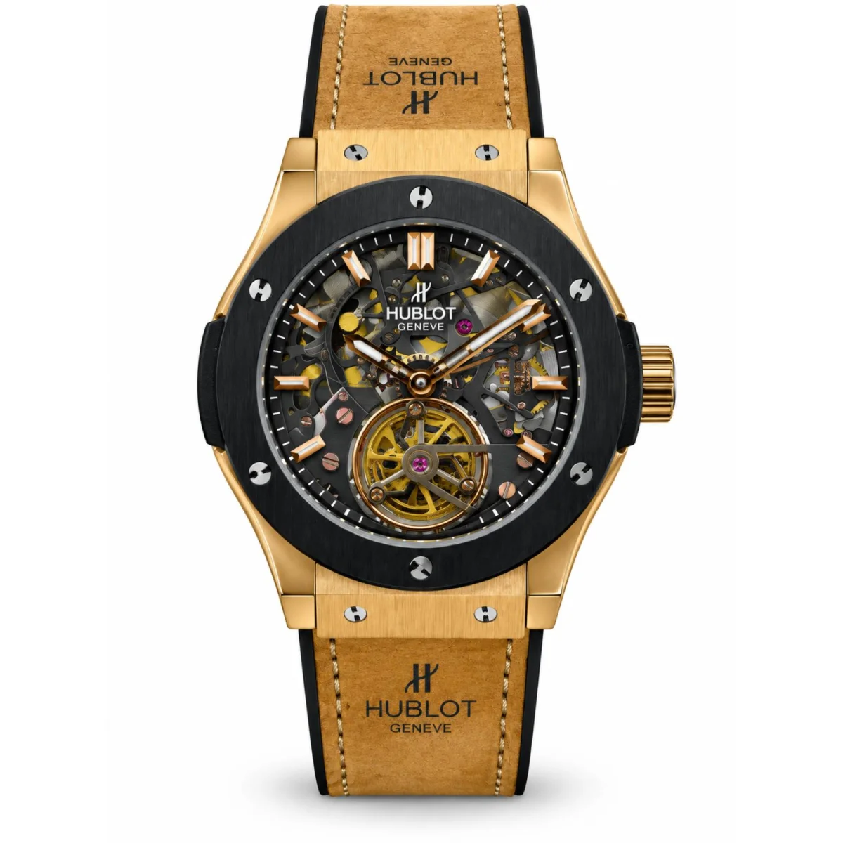Hublot Classic Fusion Skeleton Tourbillon Gold & Black Watch with Tan Strap